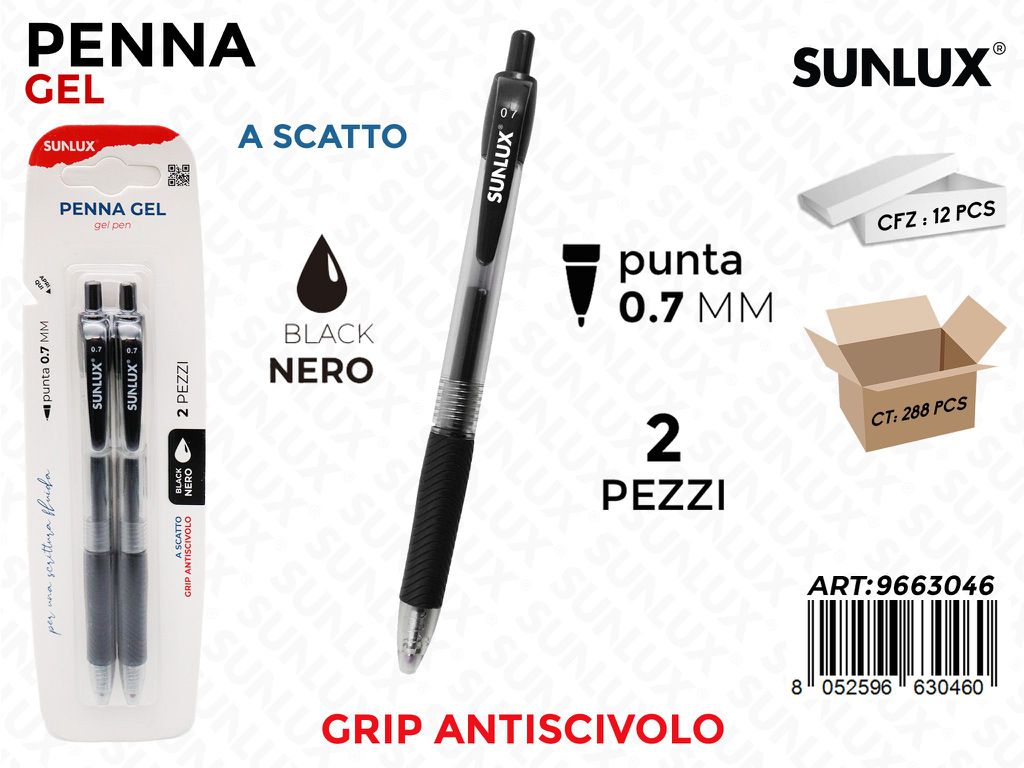 Sunlux Penna Gel a Scatto Nero 2PCS 0.7MM