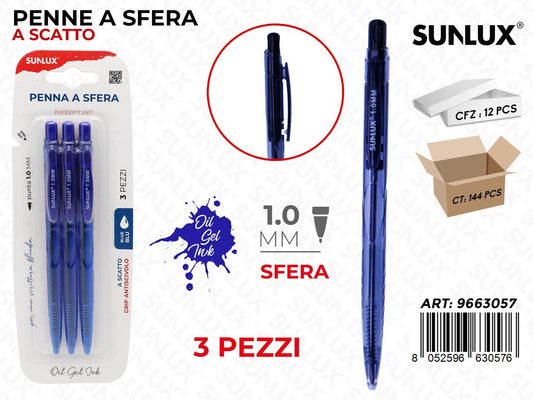 Sunlux Penne a Sfera Oil Gel Blu 3PCS