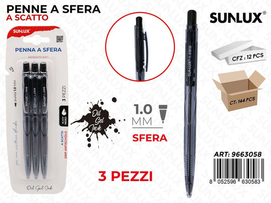 Sunlux Penne a Scatto Oil Gel Nero 3PCS 1.0MM