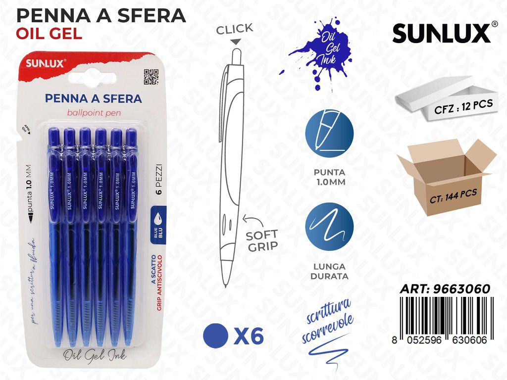 Sunlux Penne a Sfera Oil Gel Blu 6PCS 1.0MM