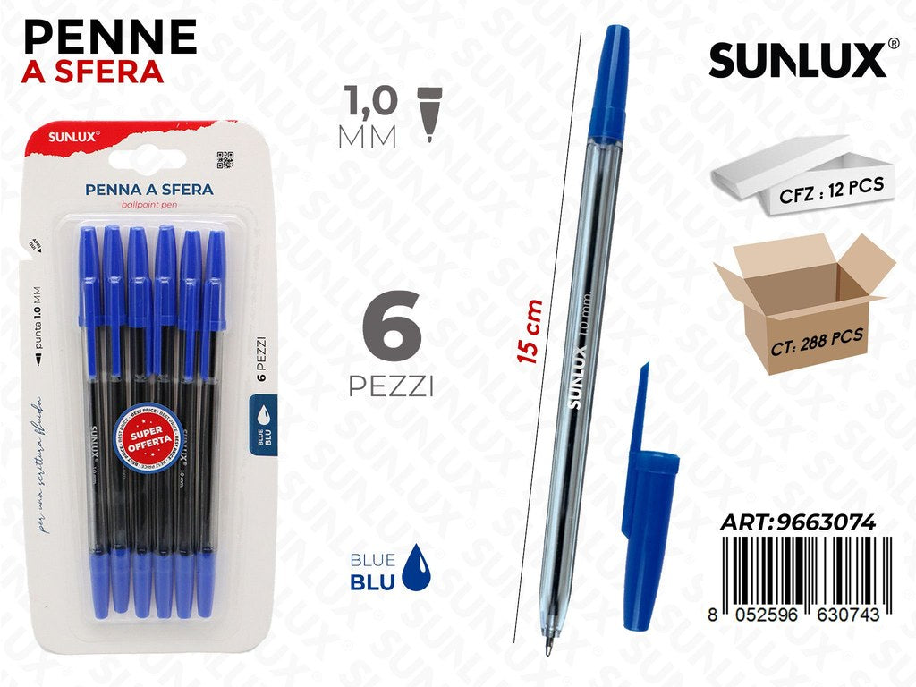 Sunlux Penne a Sfera Blu 6PCS 1.0MM 15CM