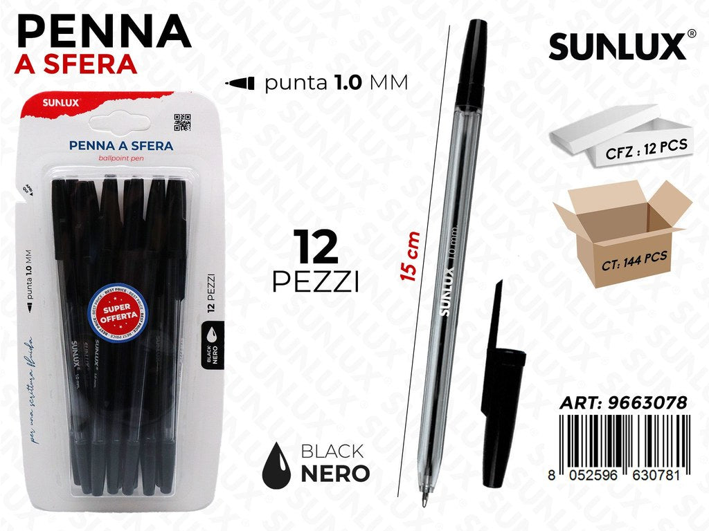Sunlux Penne a Sfera Nero 12PCS 1.0MM 15CM