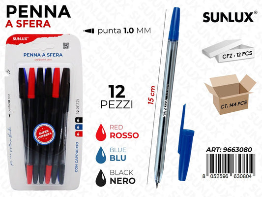 Sunlux Penne a Sfera 3COL. 12PCS 1.0MM 15CM