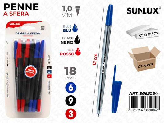 Sunlux Penne a Sfera 3COL. 18PCS 1.0MM 15CM