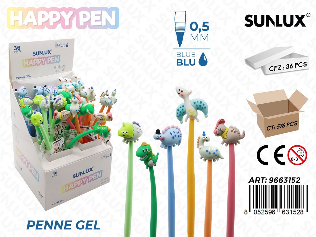 Happy Pen Gel Ass. Blu 0.5Mm Dinosauro