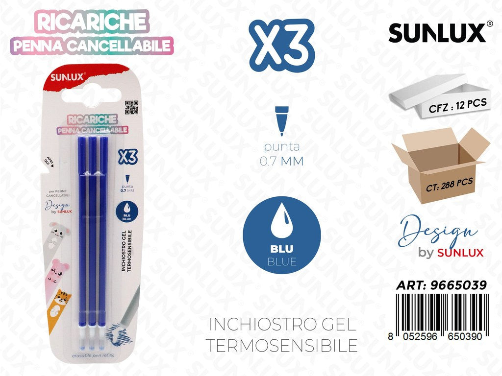 Sunlux Ricariche Penna Cancellabile Blu 3PCS 07MM