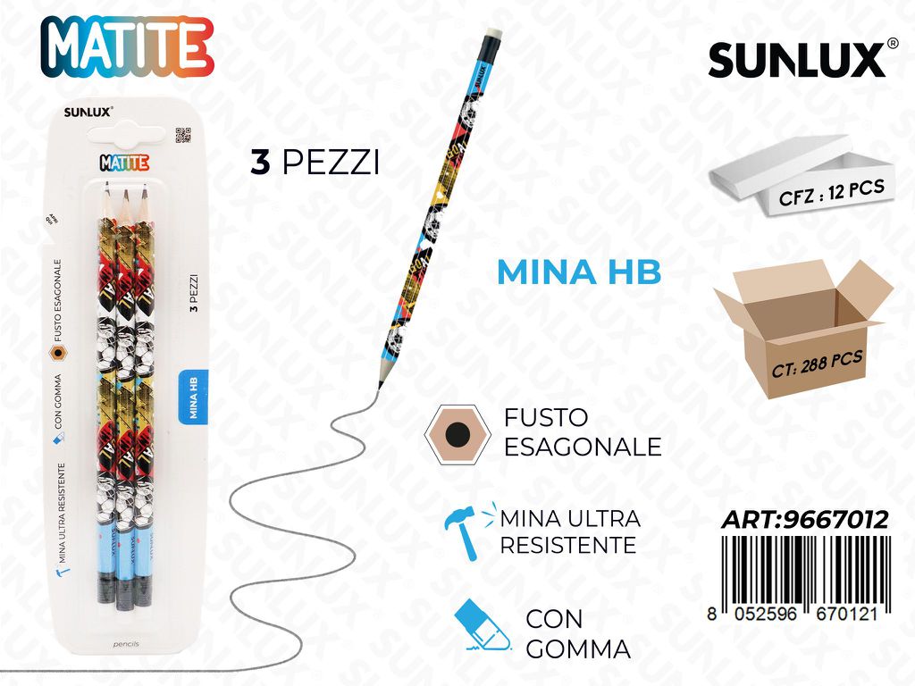 Matite Calcio 3Pcs Hb Con Gomma