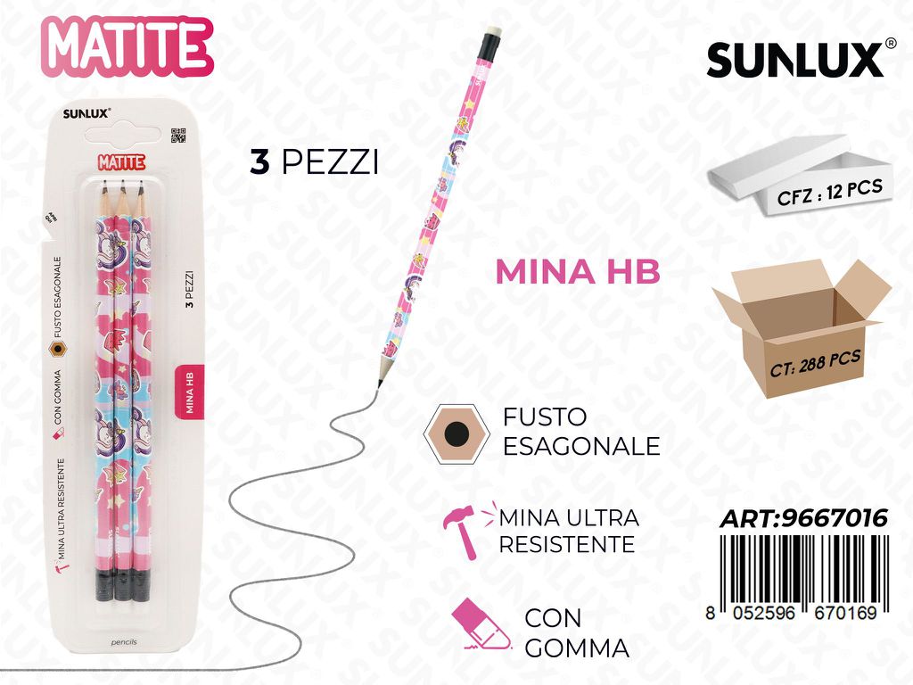 Matite Unicorno 3Pcs Hb Con Gomma