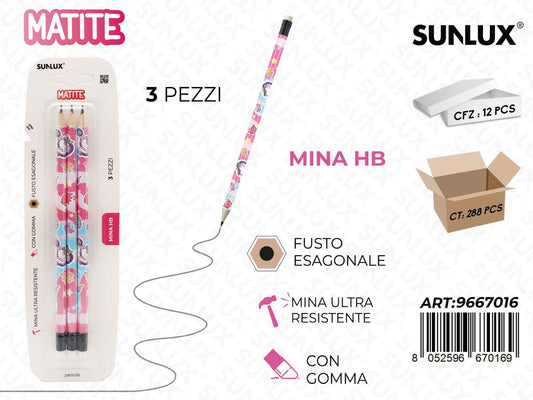Matite Unicorno 3Pcs Hb Con Gomma