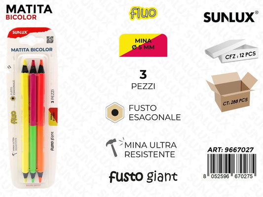 Sunlux Matita Bicolor Gigant Fluo 3PCS