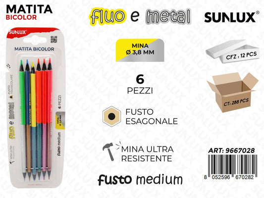 Sunlux Matita Bicolor Fluo/Metal Medium 6PCS