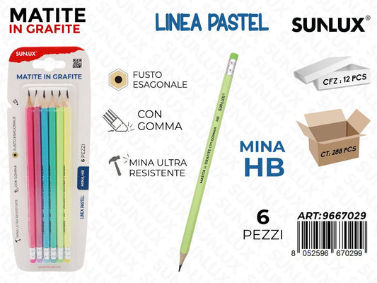 Sunlux Matite Pastel c/Gomma Hb 6PCS