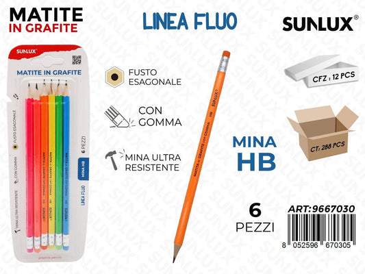 Sunlux Matite Fluo c/Gomma Hb 6PCS