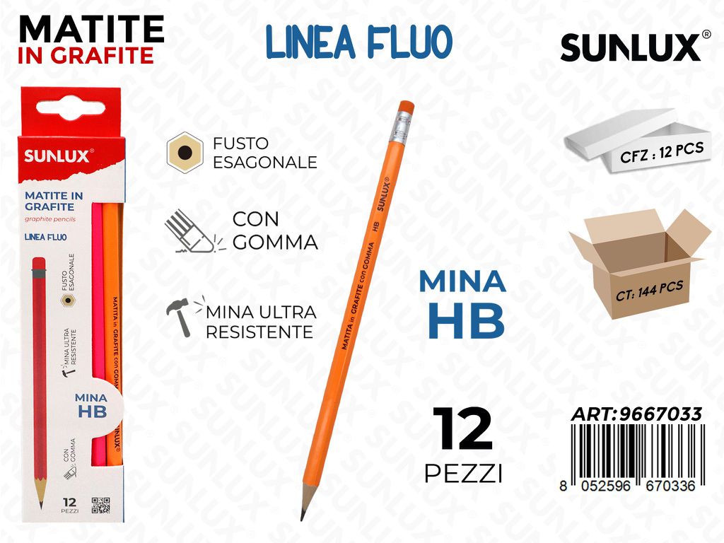 Sunlux Sc. Matite Fluo c/Gomma Hb 12PCS