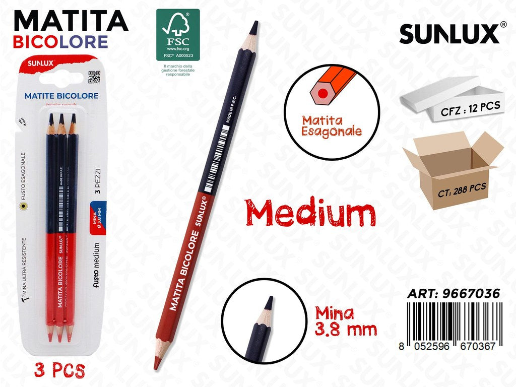 Sunlux Matita Bicolore Medium Blu-rosso 3PCS