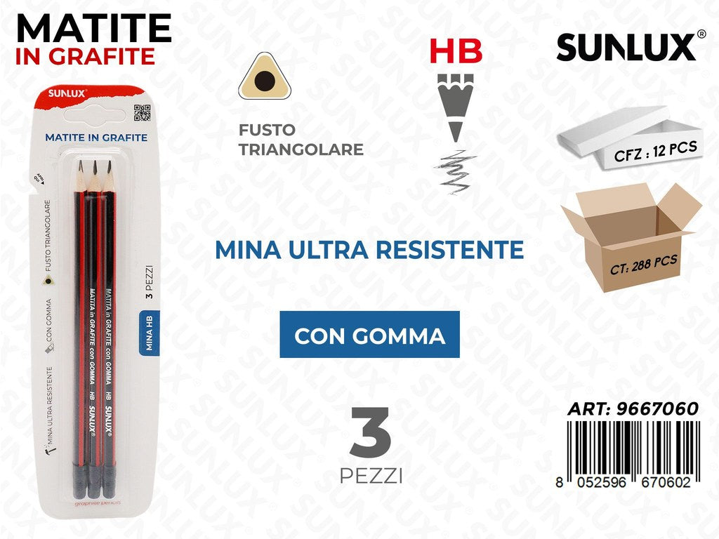 Sunlux Matite Grafite Hb Triangolare c/ Gomma 3PCS