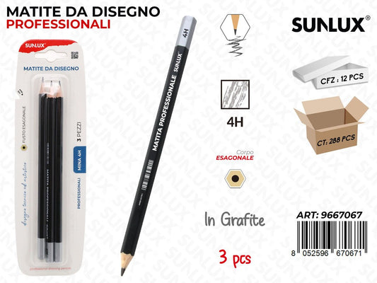 Sunlux Matite da Disegno Prof. 4H 3PCS