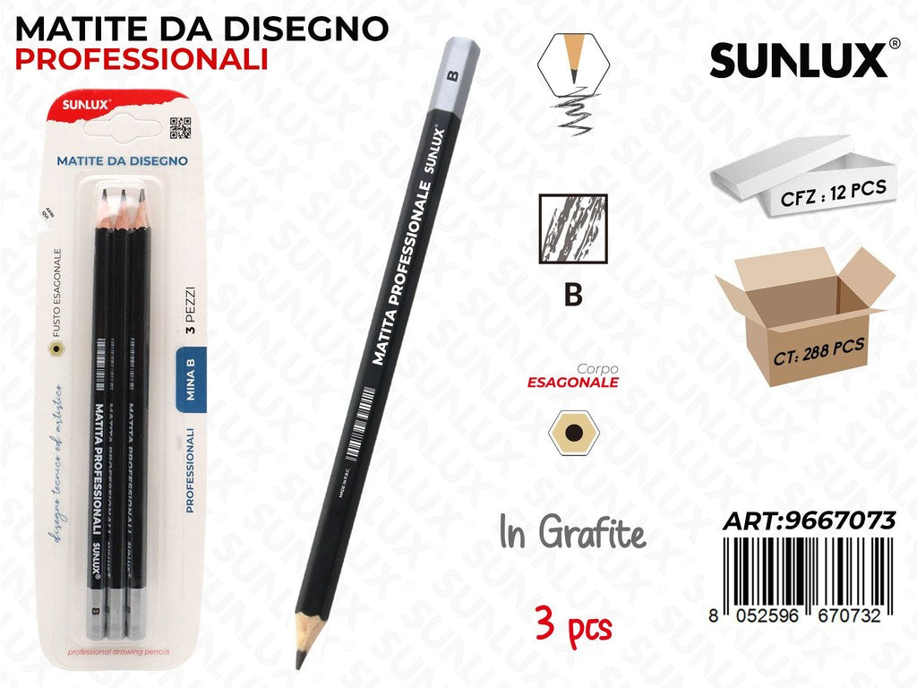 Sunlux Bl. Matite da Disegno Prof. B 3PCS