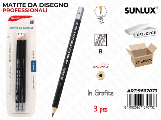 Sunlux Bl. Matite da Disegno Prof. B 3PCS