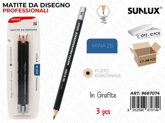 Sunlux Bl. Matite da Disegno Prof. 2B 3PCS