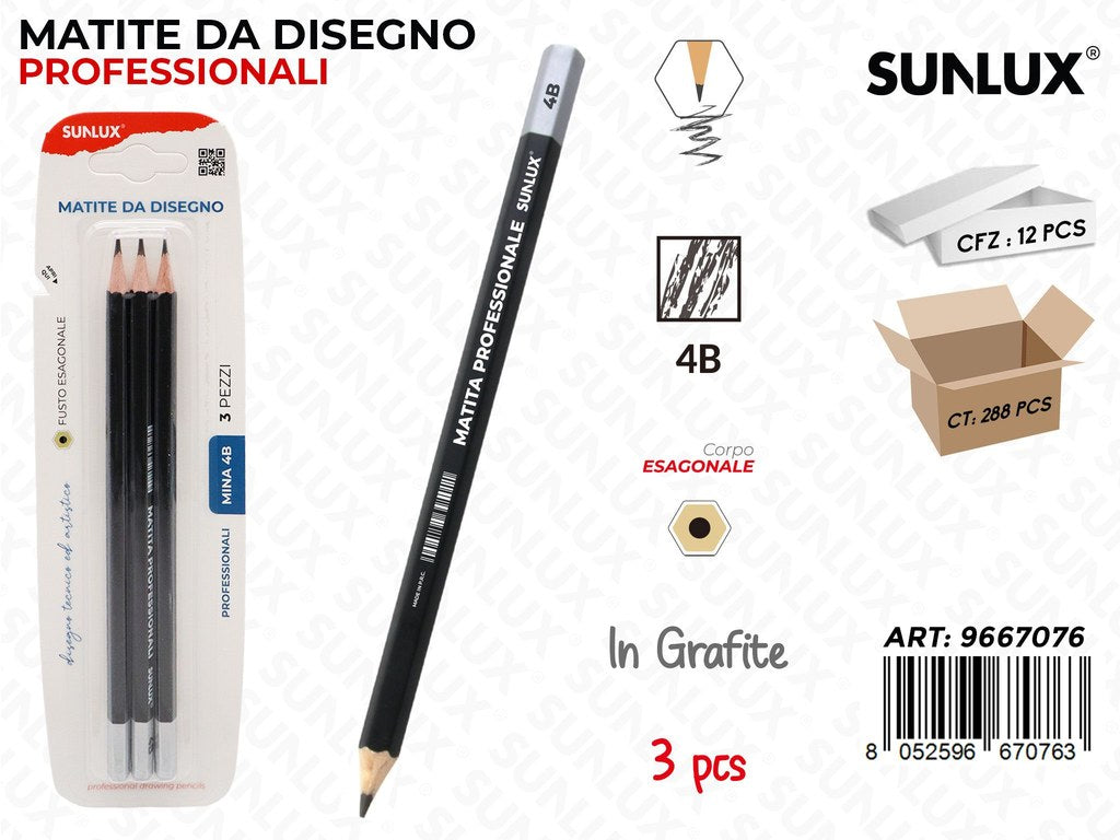 Sunlux Bl. Matite da Disegno Prof. 4B 3PCS