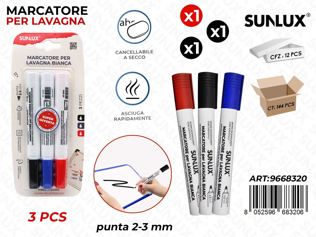 Sunlux Bl. Marcatore per Lavagna Ass. 3PCS 2-3MM