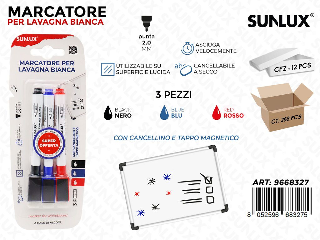 Sunlux Bl. Marcatore 3COL. Lavagna Bianca 3PCS