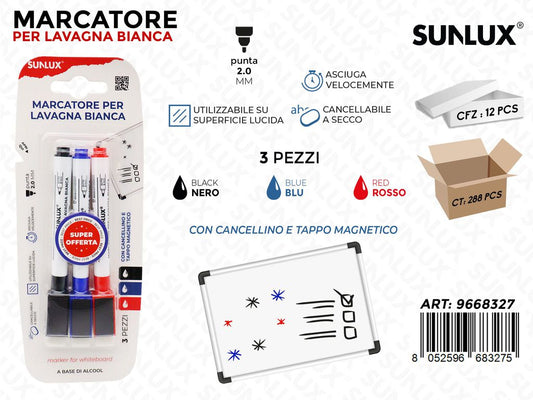 Sunlux Bl. Marcatore 3COL. Lavagna Bianca 3PCS