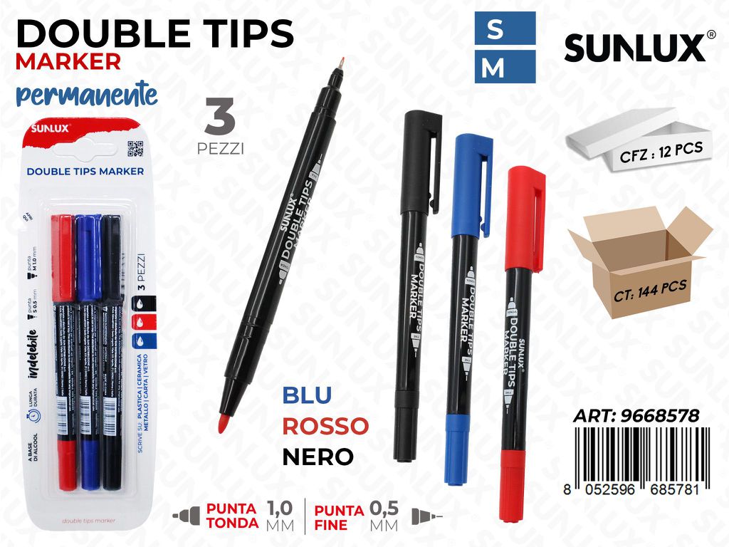 DOUBLE TIPS MARKER PERM. ASS. 3PCS