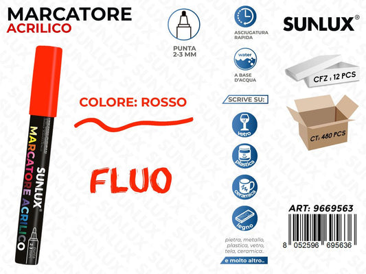 Sunlux Marcatore Acrilico Rosso Fluo 2-3MM