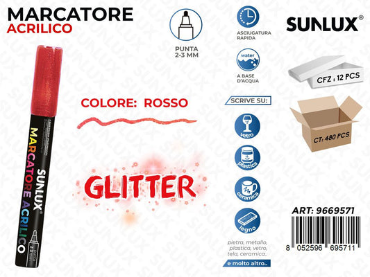 Sunlux Marcatore Acrilico Rosso Glitter 2-3MM