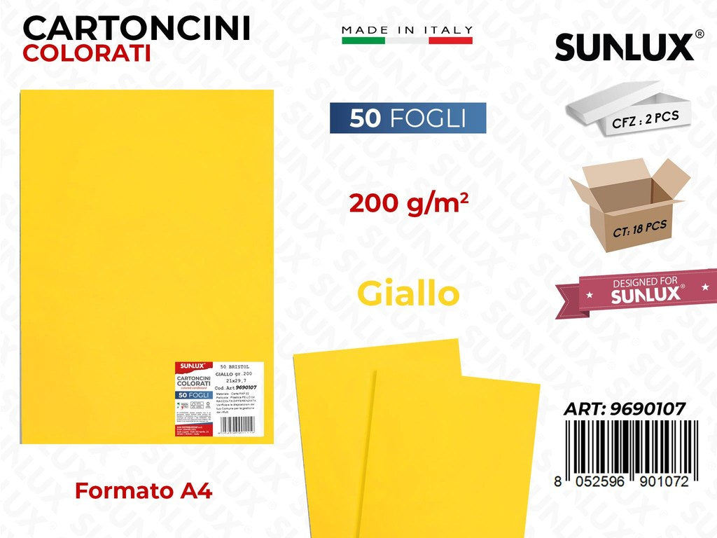 Cartoncino Giallo 200GR F.to A4 50FF