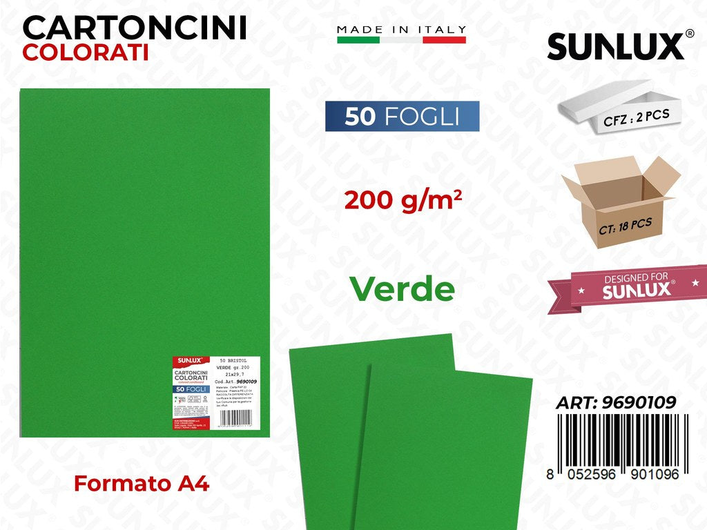 Cartoncino Verde 200GR F.to A4 50FF