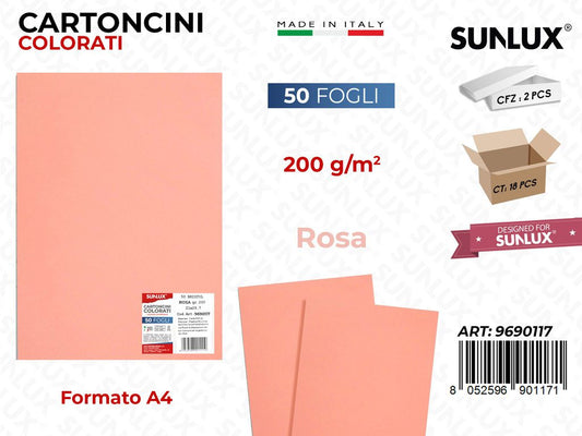 Cartoncino Rosa 200GR F.to A4 50FF