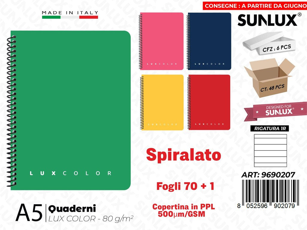 Quaderni 1R A5 Luxcolor Spiral. Ppl 70FF 80GR