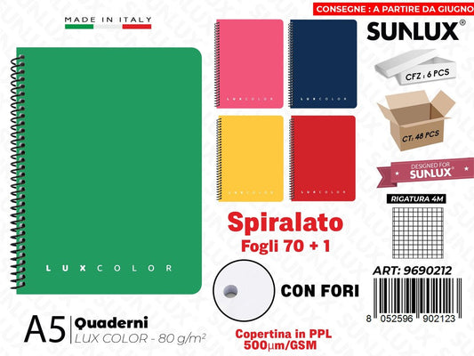 Quaderni 4M A5 Luxcolor Spiral. Ppl c/Fori 70FF 80GR