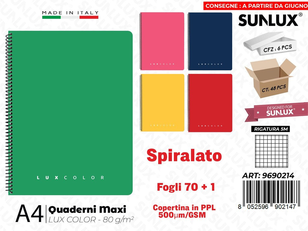 Maxi Quaderni 5M A4 Luxcolor Spiral. Ppl 70FF 80GR