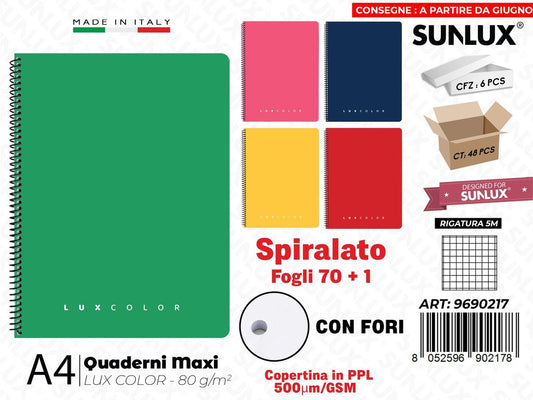 Maxi Quaderni 5M A4 Luxcolor Spiral. Ppl 70FF c/Fori 80GR