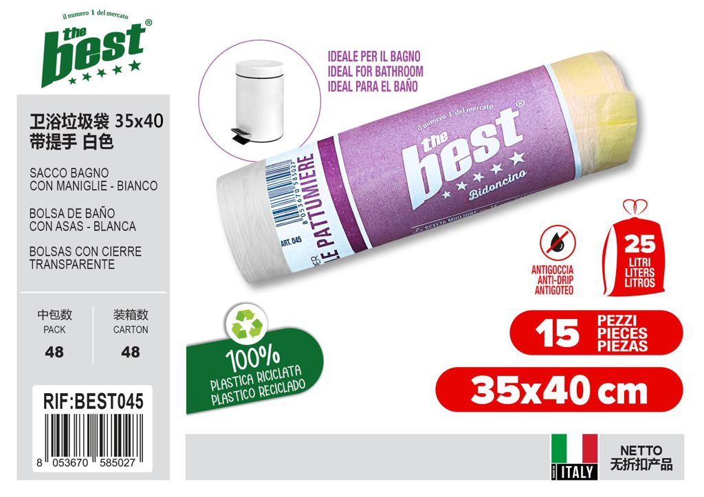 The Best Sacco Bagno 35X40 Con Maniglie Bianco 15Pz 25L