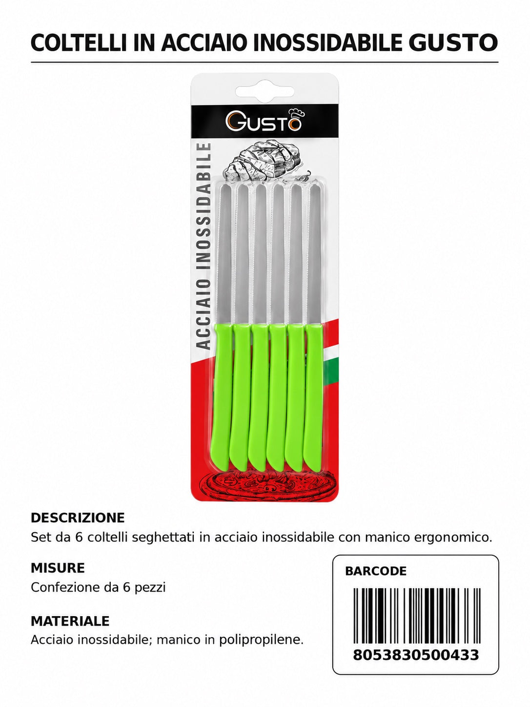 Coltello Da Tavola 11Cm Verde 6Pz