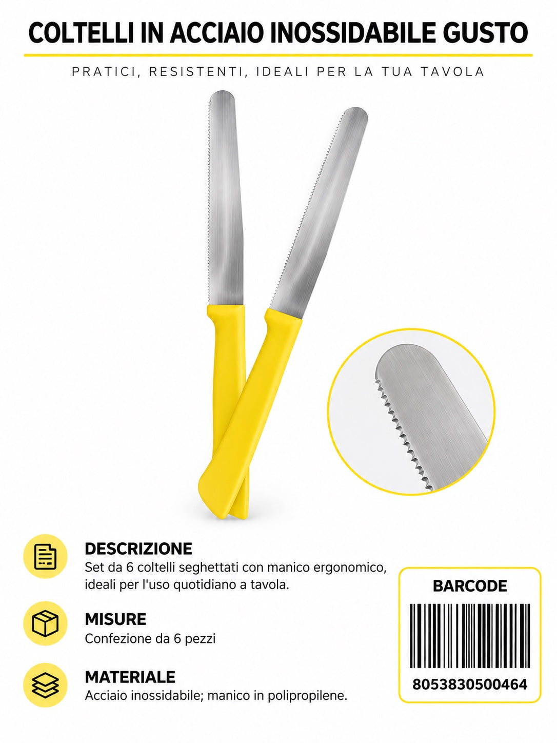 Coltello Da Tavola 11Cm Giallo 6Pz