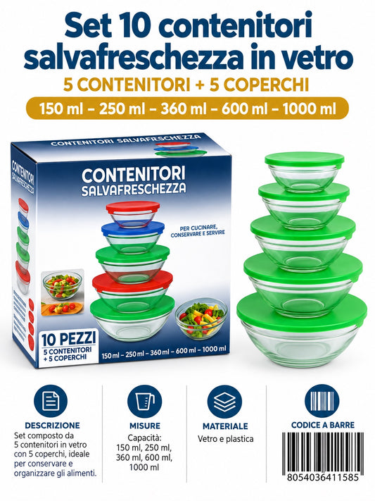 5 Ciotole In Vetro Con Coperchio