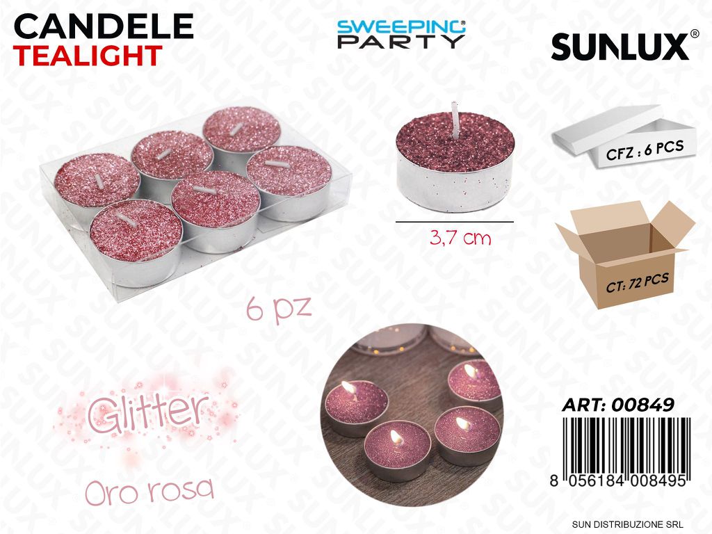 Set 6 Pcs Tea Light Oro Rosa c/ Glitter 3.7CM