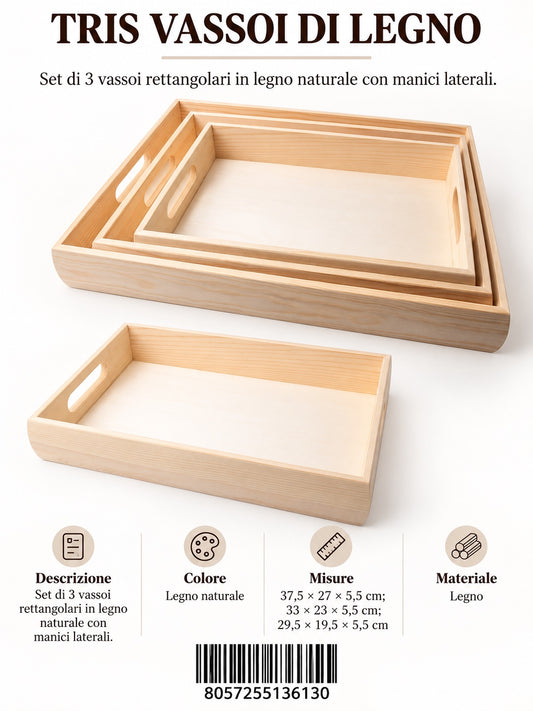 13613 Tris Vassoi Di Legno 3Pz Ct 12