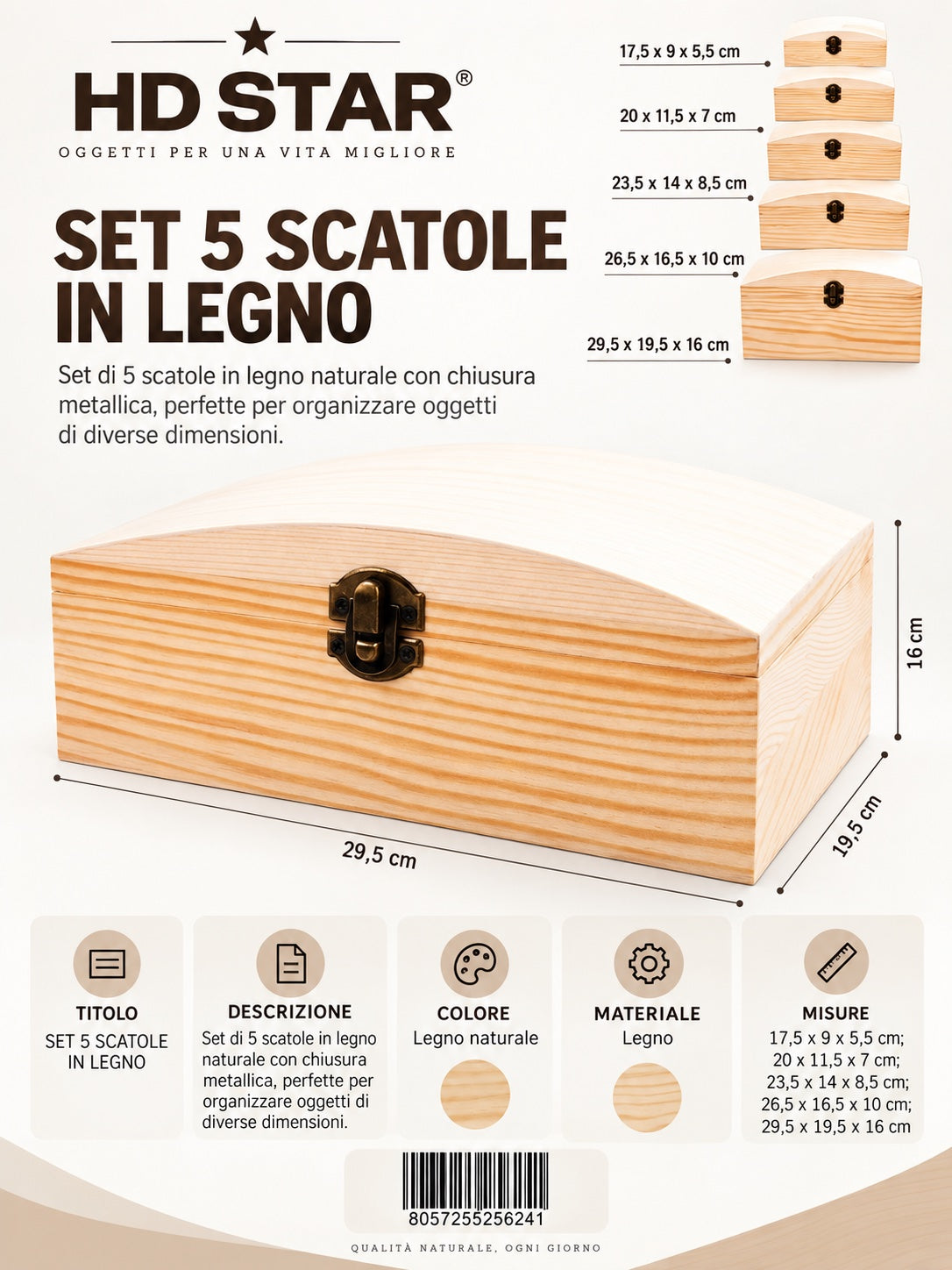 25624 Set Scatole P/Oggetti Di Legno 5Pz Ct 15