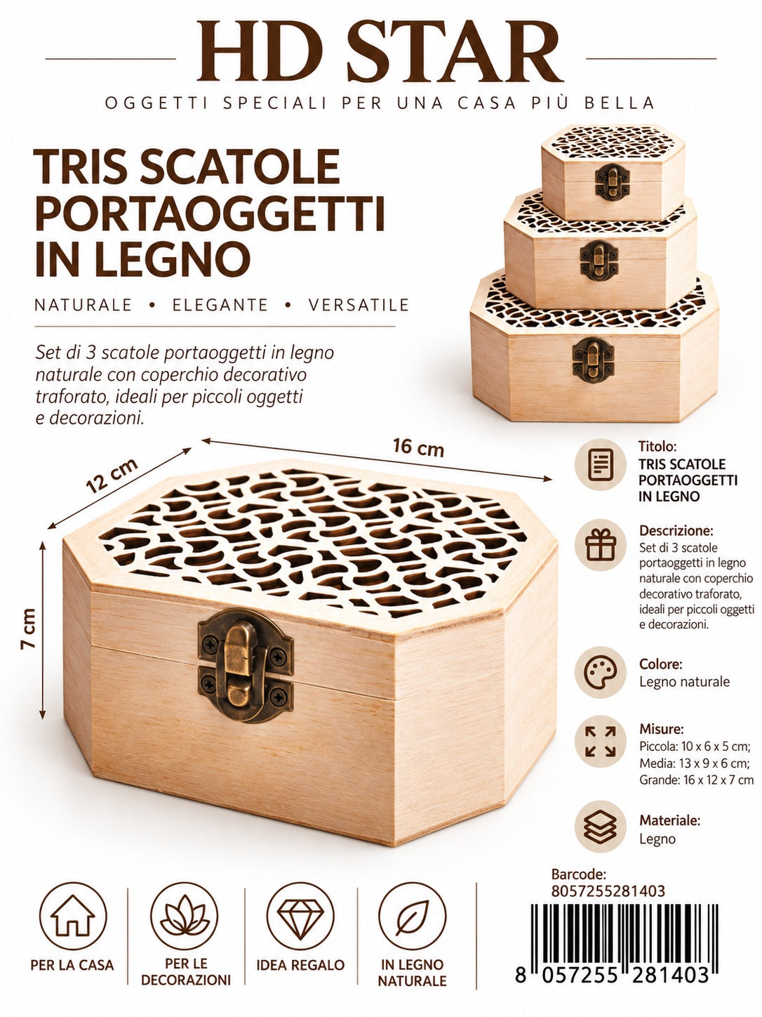 28140 Tris Scatole P/Oggetti Di Legno Ct 72