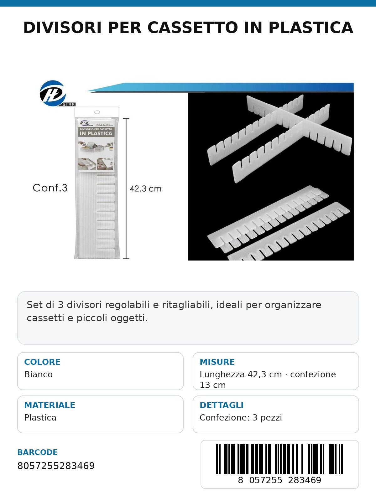 Divisorio Per Cassetto In Plastica 2.8X13X42.3Cm 1/12