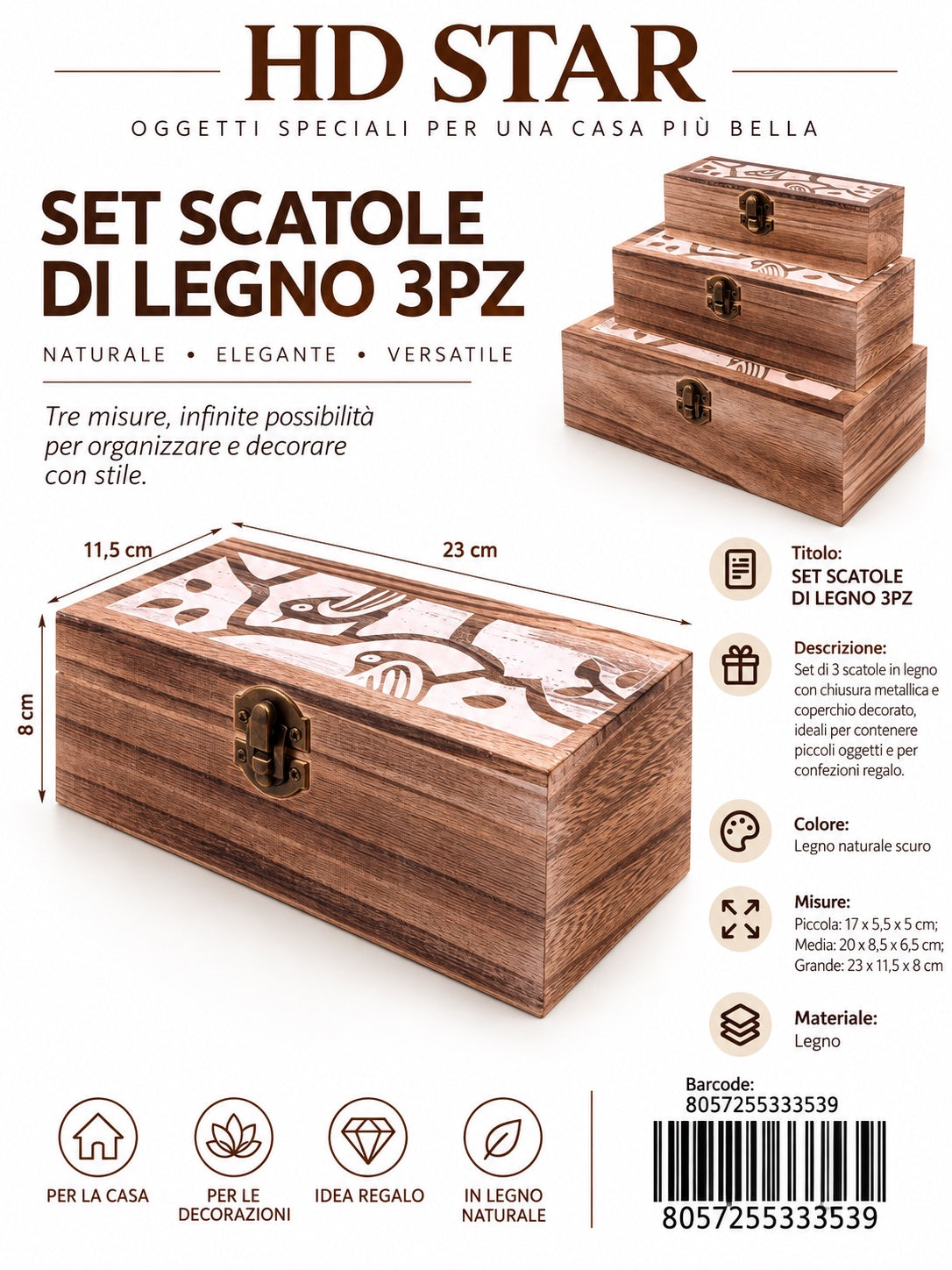 33353 Set Scatole Di Legno 3Pz Ct 36