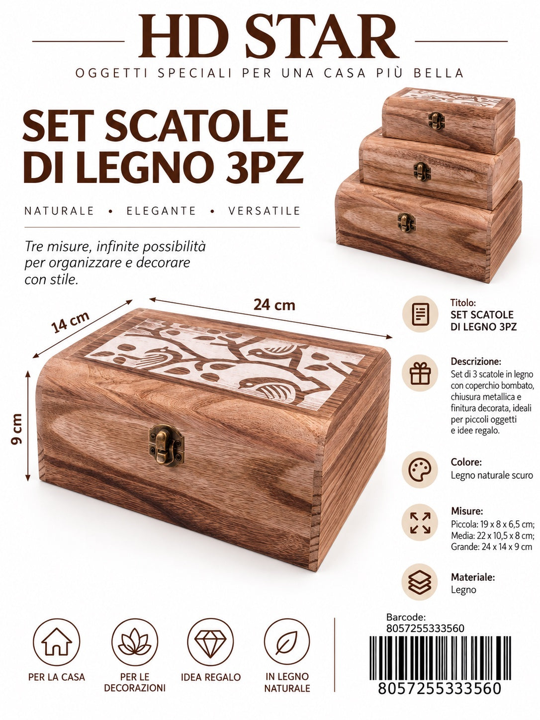 33356 Set Scatole Di Legno 3Pz Ct 36
