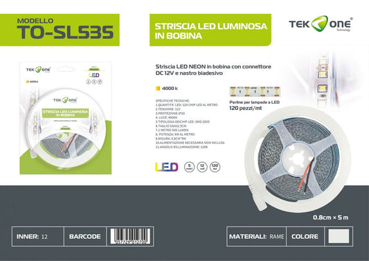 Striscia Led In Bobina 5M 120LED Luce Naturale 4000K